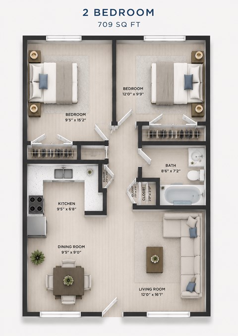Floor plan for 2 beds, 1 bath, 739 sqft